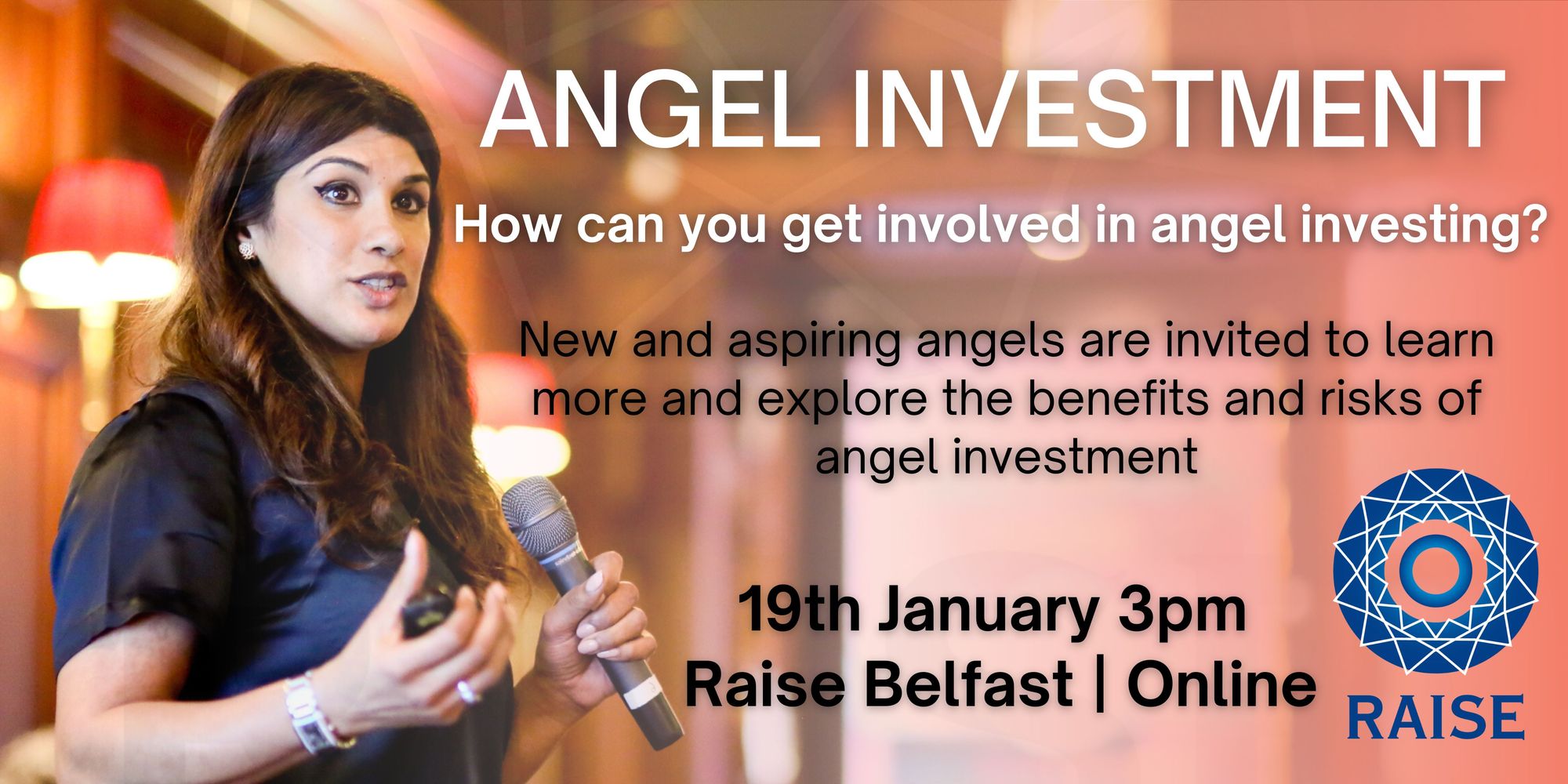 Graphic promoting an Angel Investment workshop on 19th January showing a woman pitching for investment