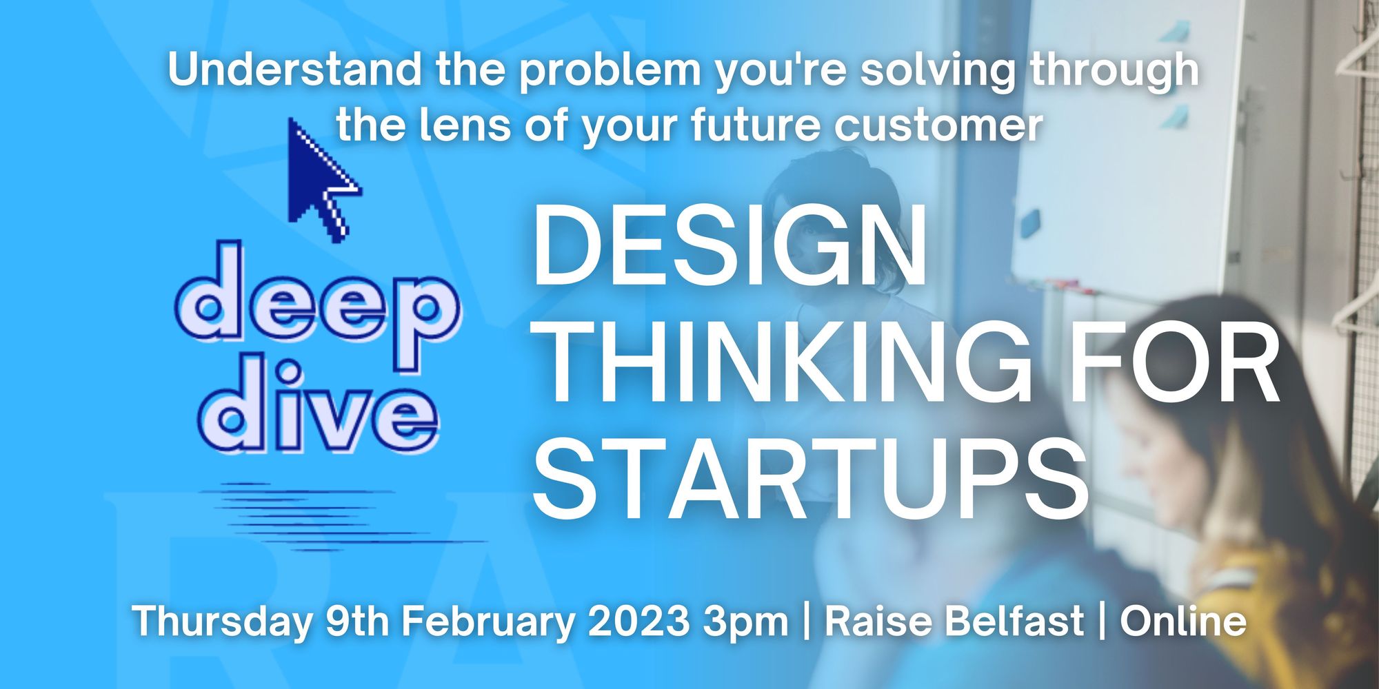 A graphic promoting a Design Thinking workshop for Startups on 9th February 2023